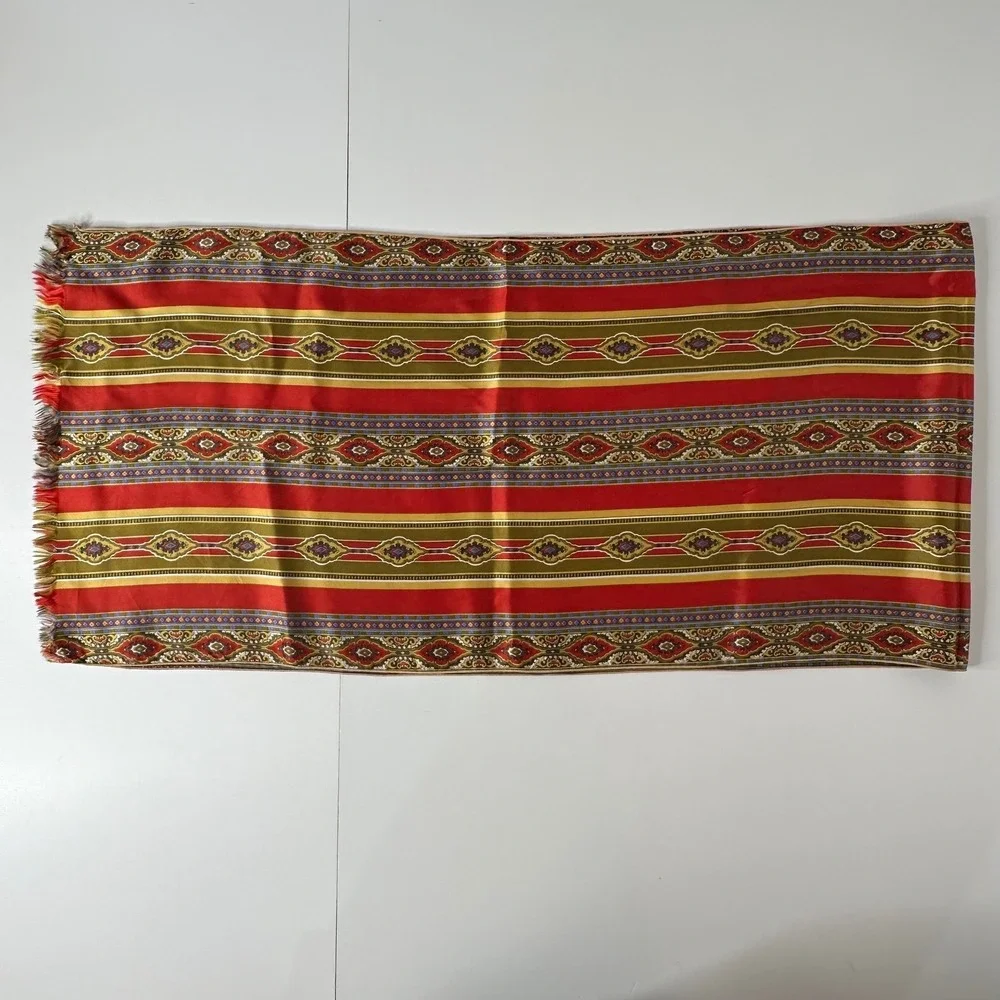 Red‎ Gold Fringed Rectangular Scarf Medallion Striped Silky Wrap 14x60